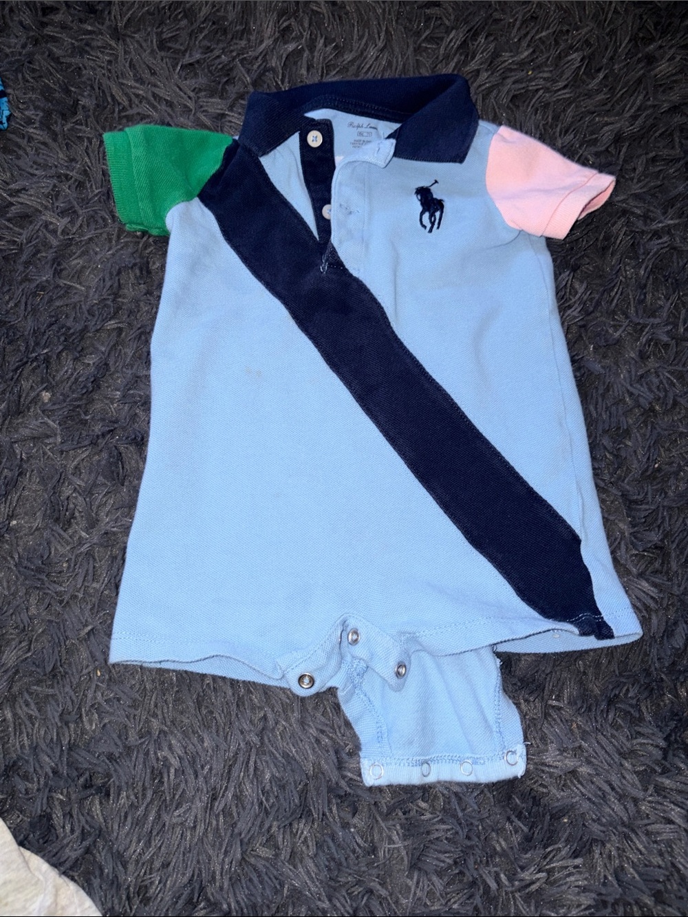 Ralph Lauren Baby Polo Romper - Light Blue with Navy Stripe